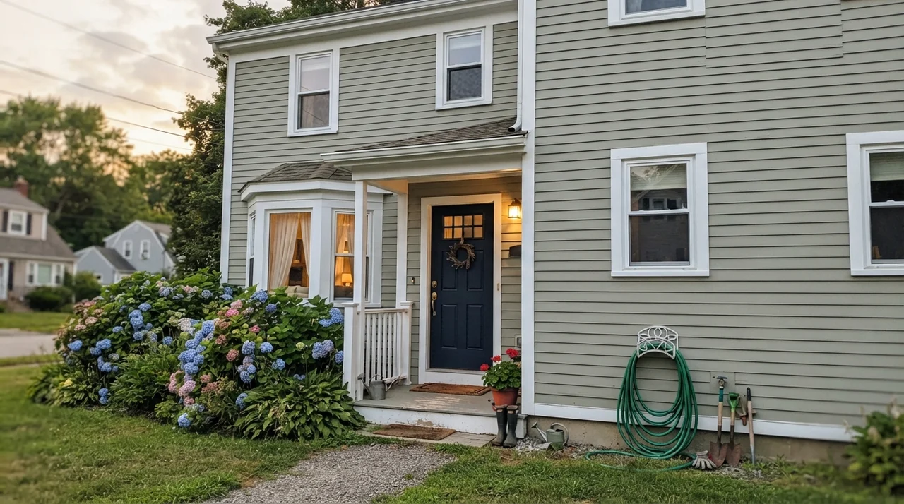 House exterior with Oyster Bay horizontal siding, white trim, and navy front door.