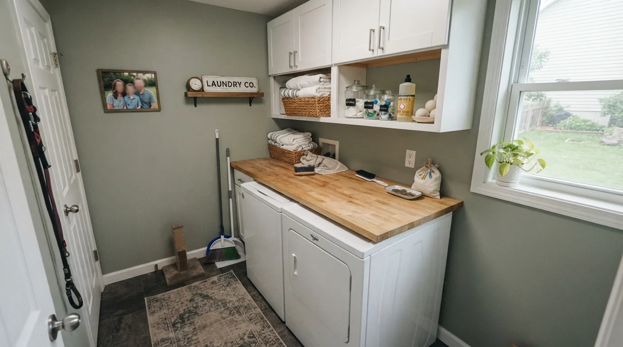 Bright laundry room with Oyster Bay walls, butcher-block counter, and white washer dryer.