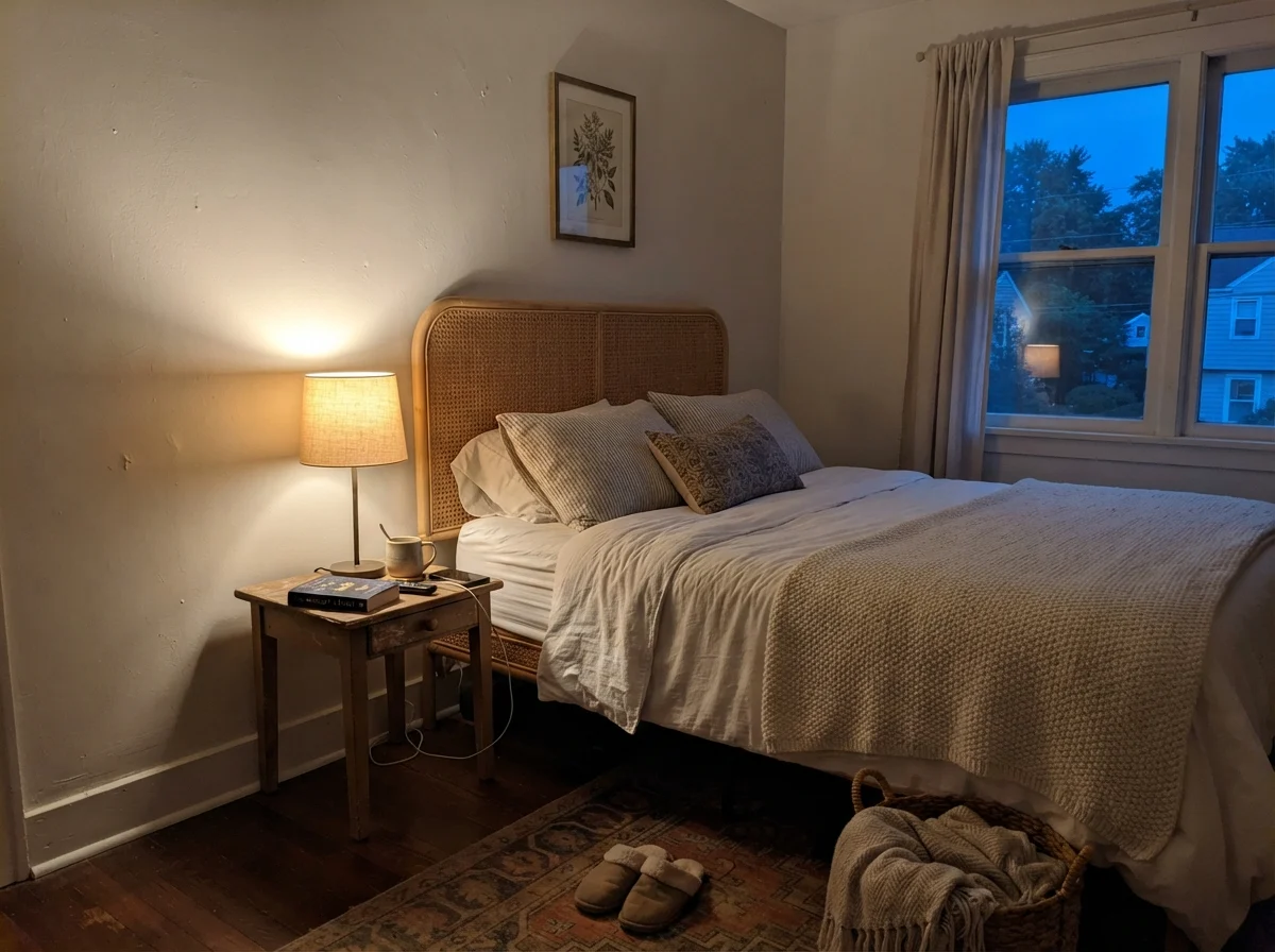 Bedroom wall warmed by a glowing table lamp beside a cane headboard and cozy blanket