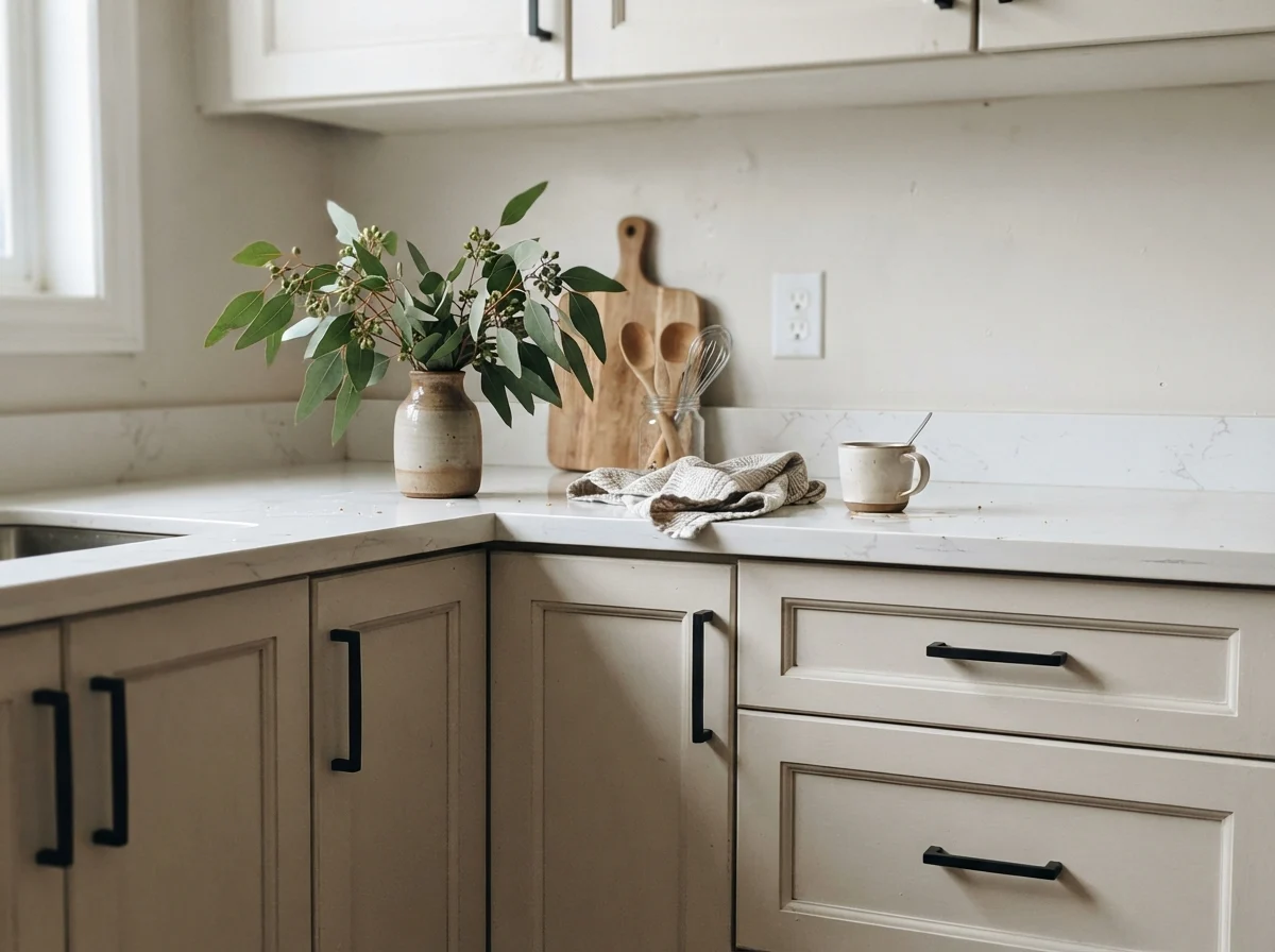 Close up of painted cabinet fronts, matte black hardware, and quartz counter