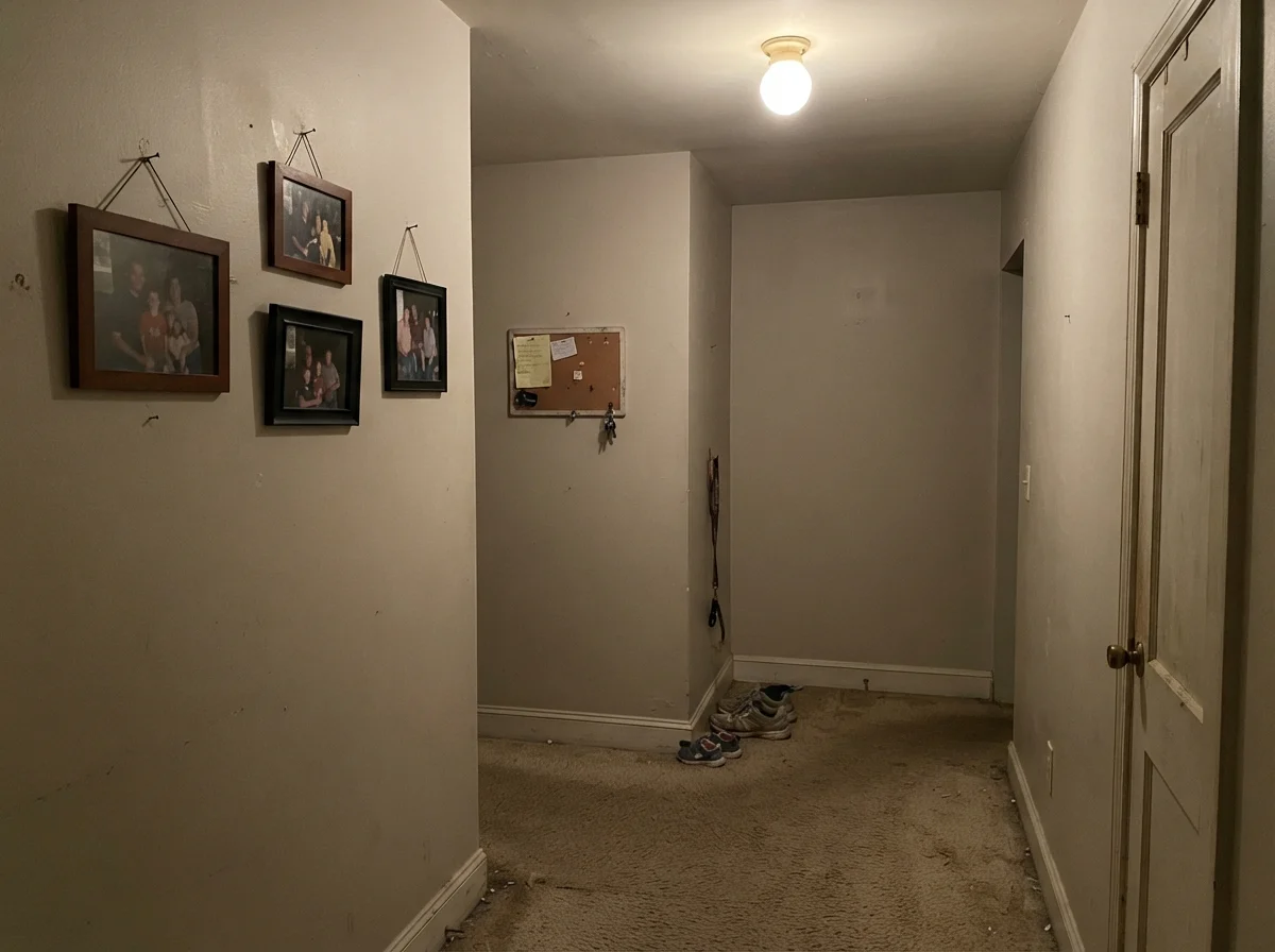 Dim windowless hallway corner where the wall appears flat, muddy, and putty-colored