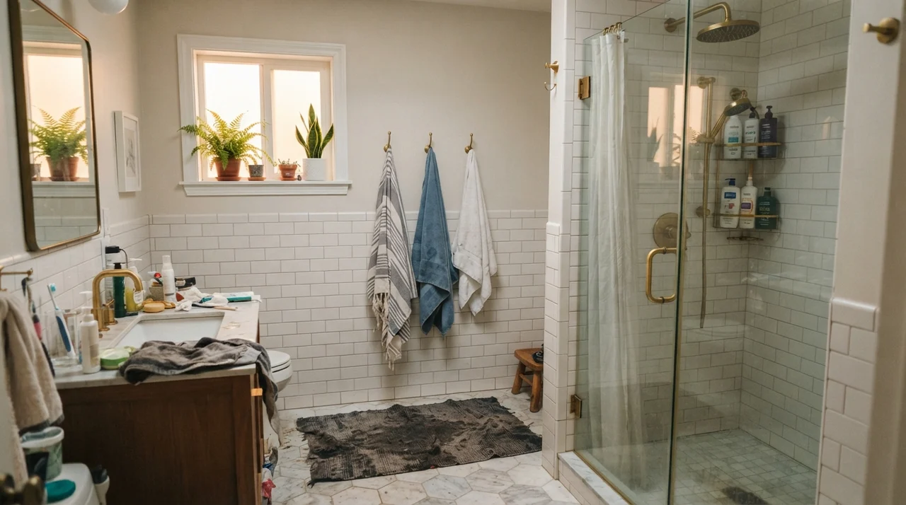 Family bathroom with painted upper walls above white subway tile wainscot and brass fixtures