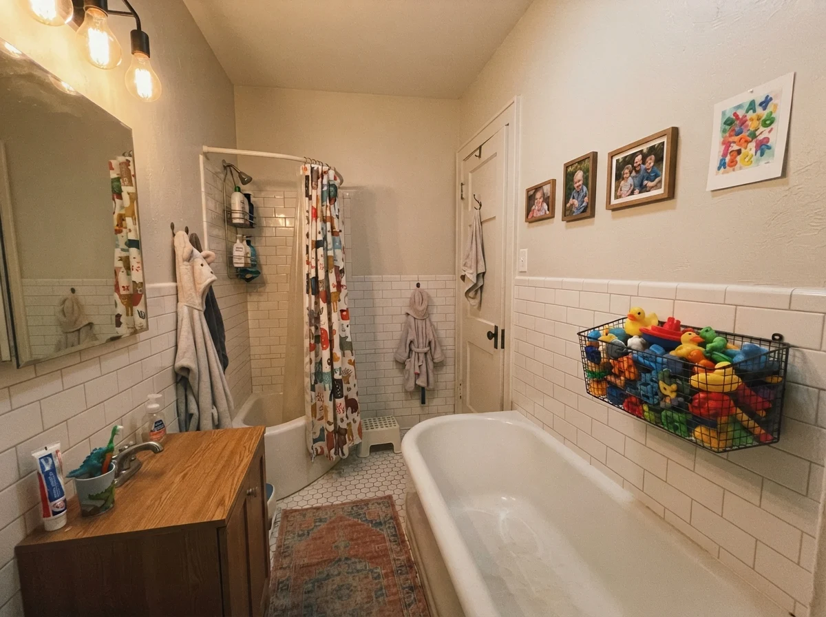 Kids bathroom with painted upper walls over subway tile, family photos, and overflowing wire toy basket