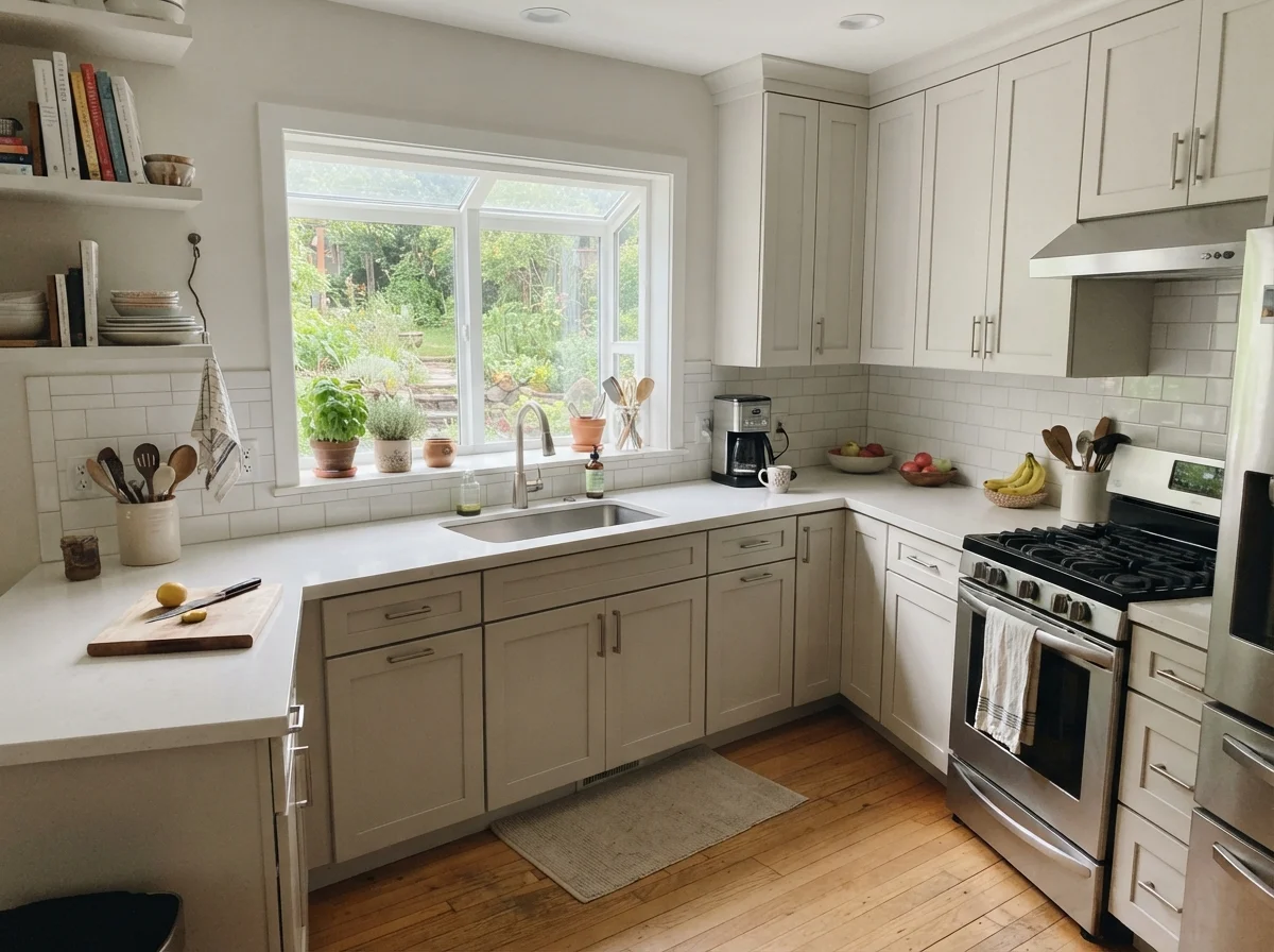 Airy kitchen with painted shaker cabinets, white tile backsplash, and light oak floors