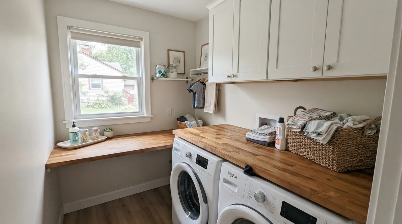 Bright laundry room with painted walls, white cabinets, butcher block, and basket of folded towels