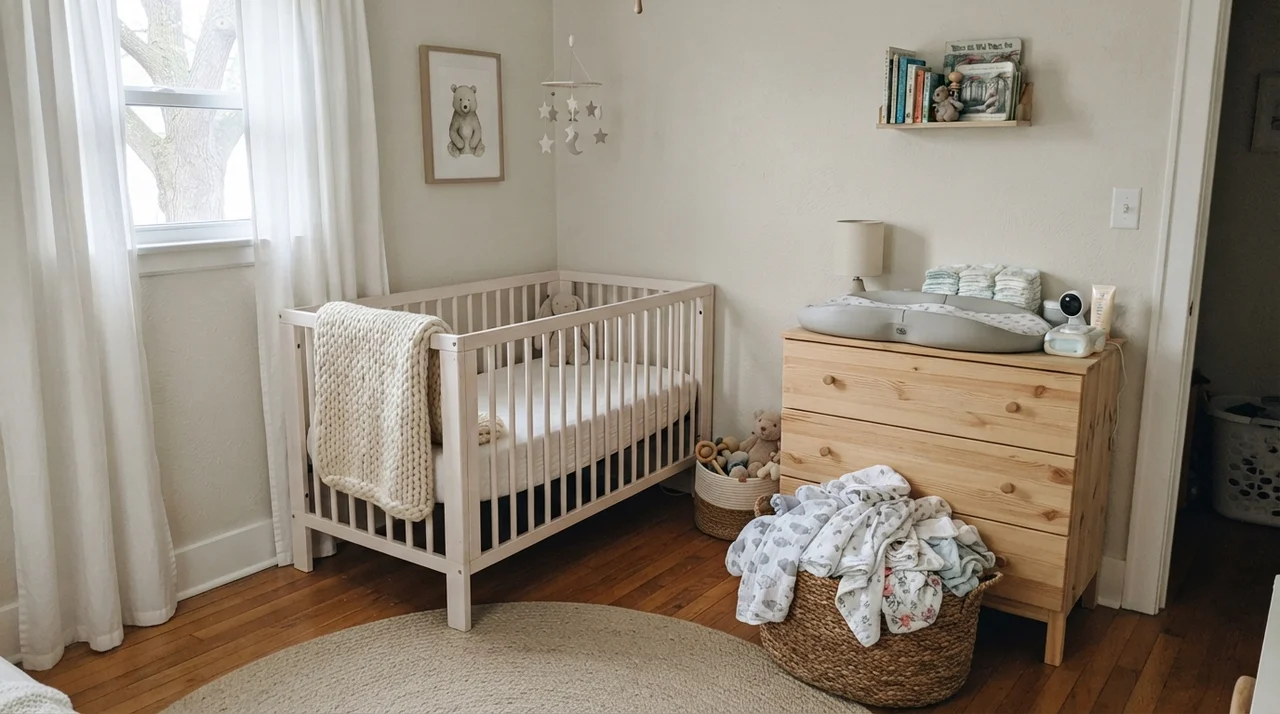 Nursery with painted walls, white crib with knit blanket, and light wood dresser