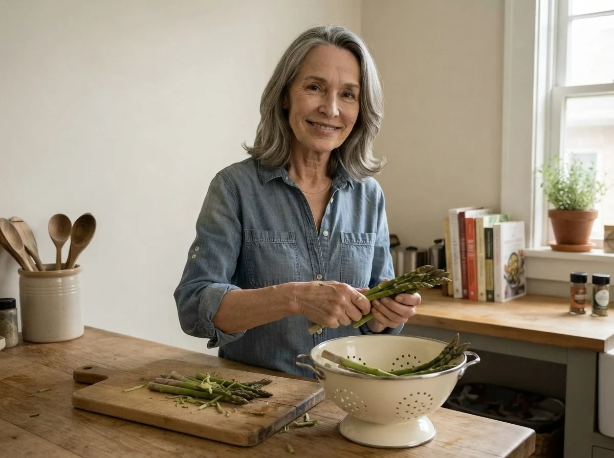 Susan snapping asparagus over an enamel colander at the kitchen island against Oyster White walls