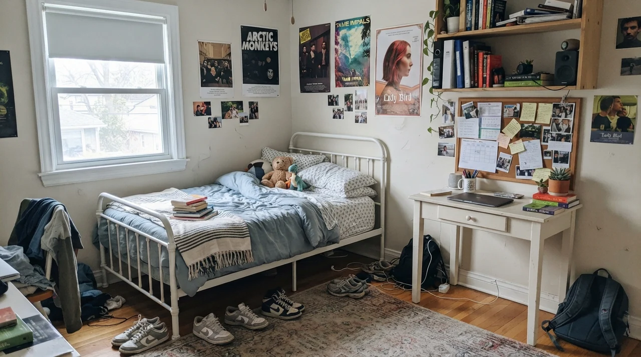 Teenager bedroom with painted walls, white metal bed, corkboard desk, and sneakers on rug