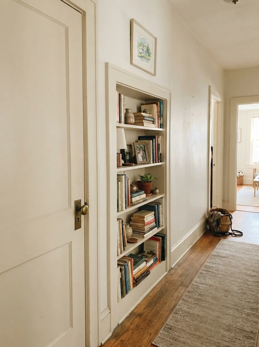 Hallway showing a two-panel door and built-in shelf painted Pearly White with brass doorknob.
