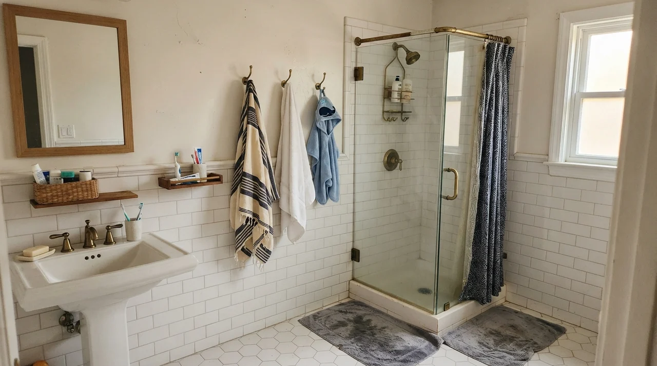 Family bathroom with Pearly White upper walls above white subway tile and brass shower fixtures.