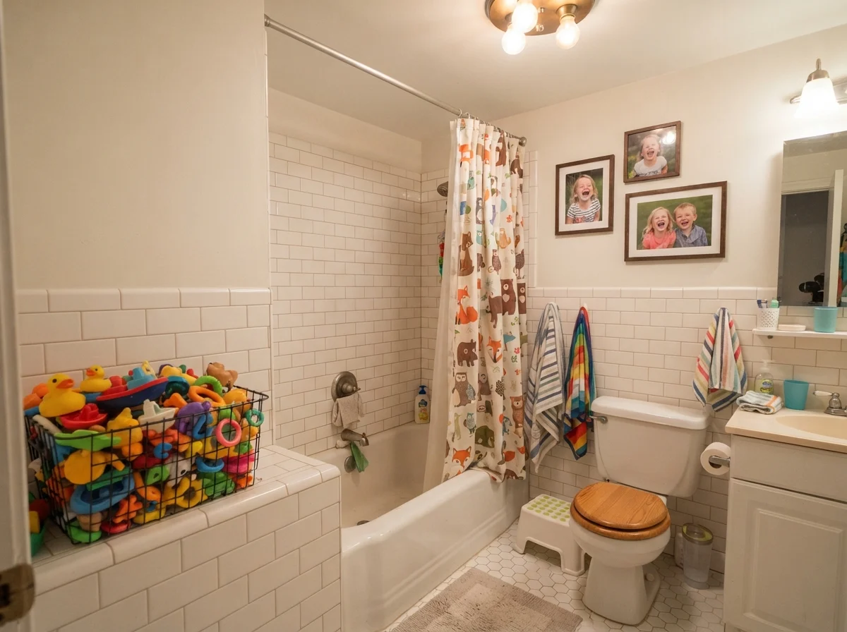 Kids' bathroom with warm evening lighting, painted walls over white subway tile, and colorful toys.