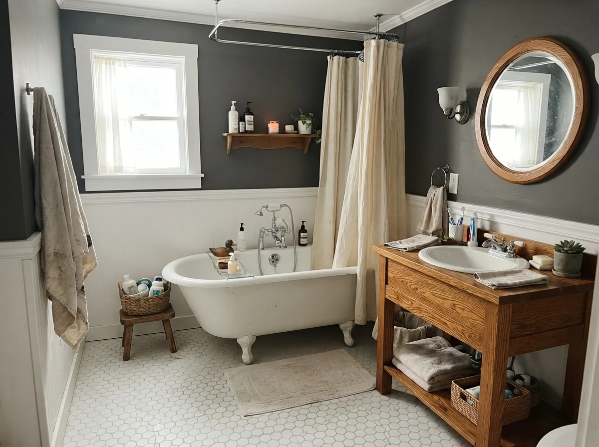 Cottage bathroom featuring Sherwin-Williams Peppercorn walls, a white clawfoot tub, hex tile, and a warm oak vanity in morning light.