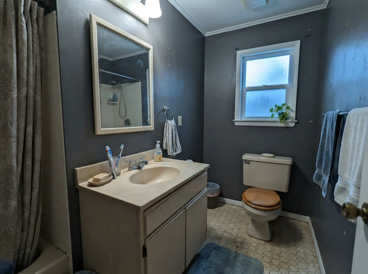 Dated bathroom showing Peppercorn picking up a cool undertone in north rainy light beside an older beige vanity.