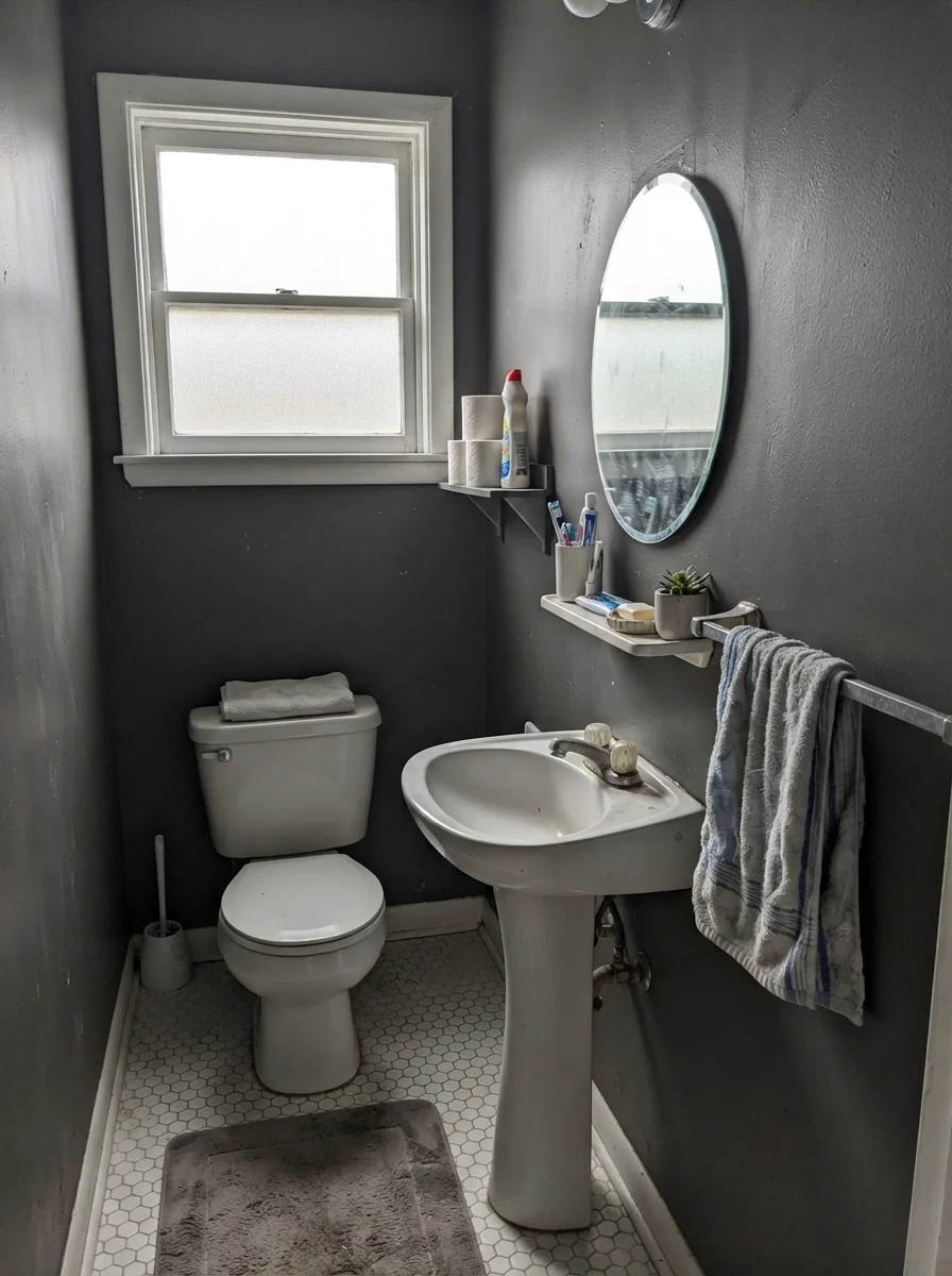 Small bathroom showing Peppercorn walls taking on a muted gray appearance under overcast light from a frosted window.