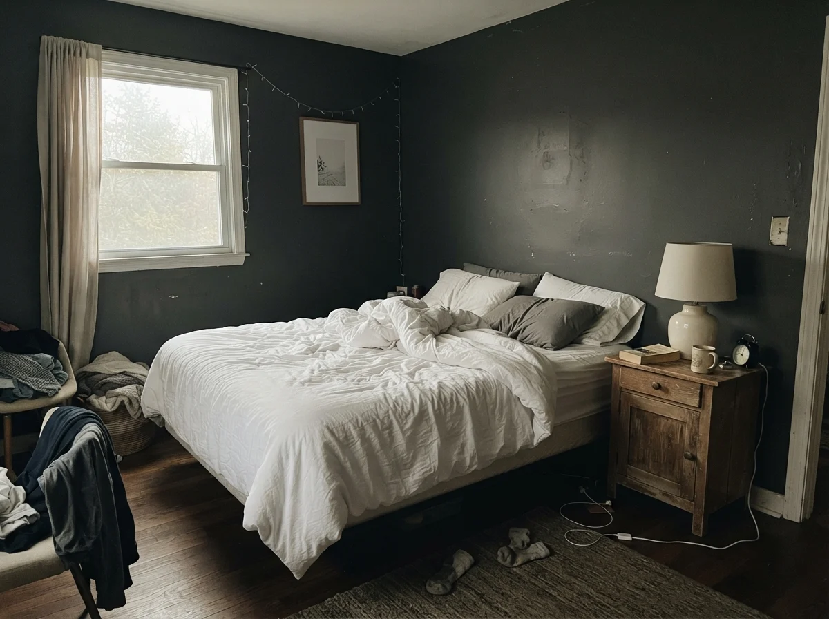 Simple bedroom with Sherwin-Williams Peppercorn walls looking washed out in cool early morning light.