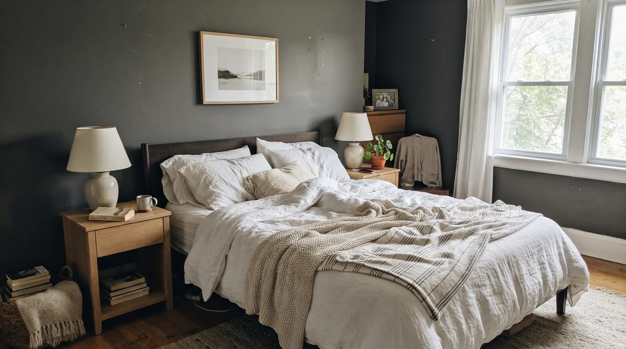 Main bedroom with Sherwin-Williams Peppercorn walls, white linen bedding, and pale oak furniture in side window light.