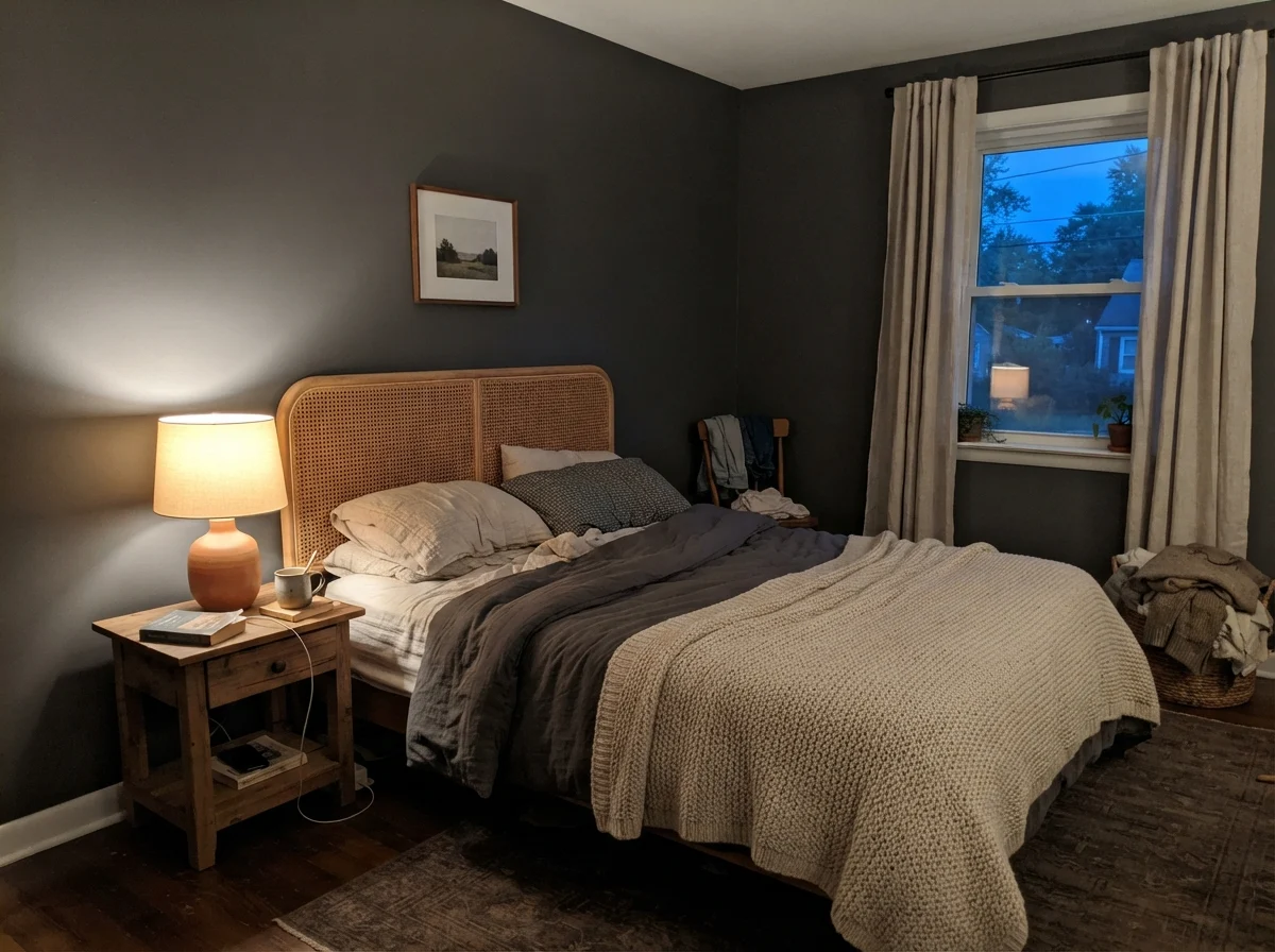 Bedroom with Peppercorn walls glowing warmly in evening lamp light beside a rattan headboard.