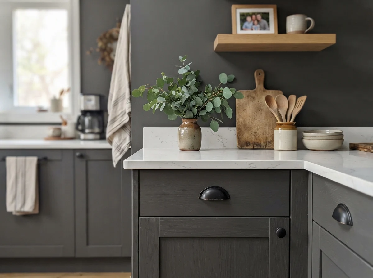 Close-up of Peppercorn shaker cabinet doors with matte black hardware and white quartz countertop.