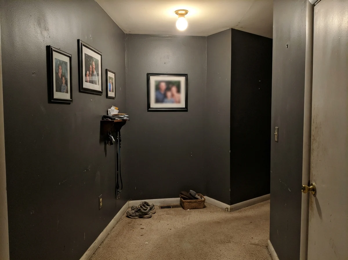 Windowless hallway showing Sherwin-Williams Peppercorn collapsing into a flat muddy gray under dim ceiling light.