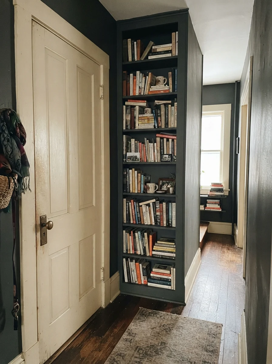 Older hallway featuring a two-panel door and built-in bookcase painted Peppercorn with brass hardware.