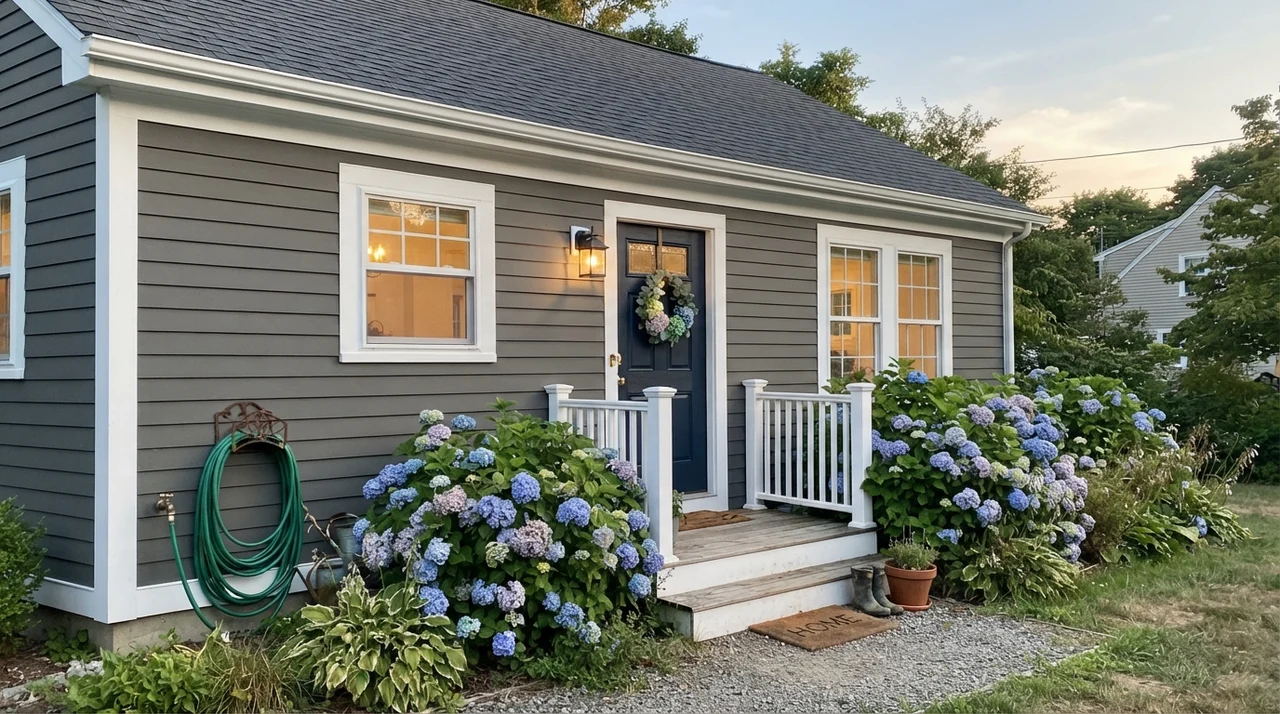 House exterior with Sherwin-Williams Peppercorn siding, white trim, and a navy front door in evening light.
