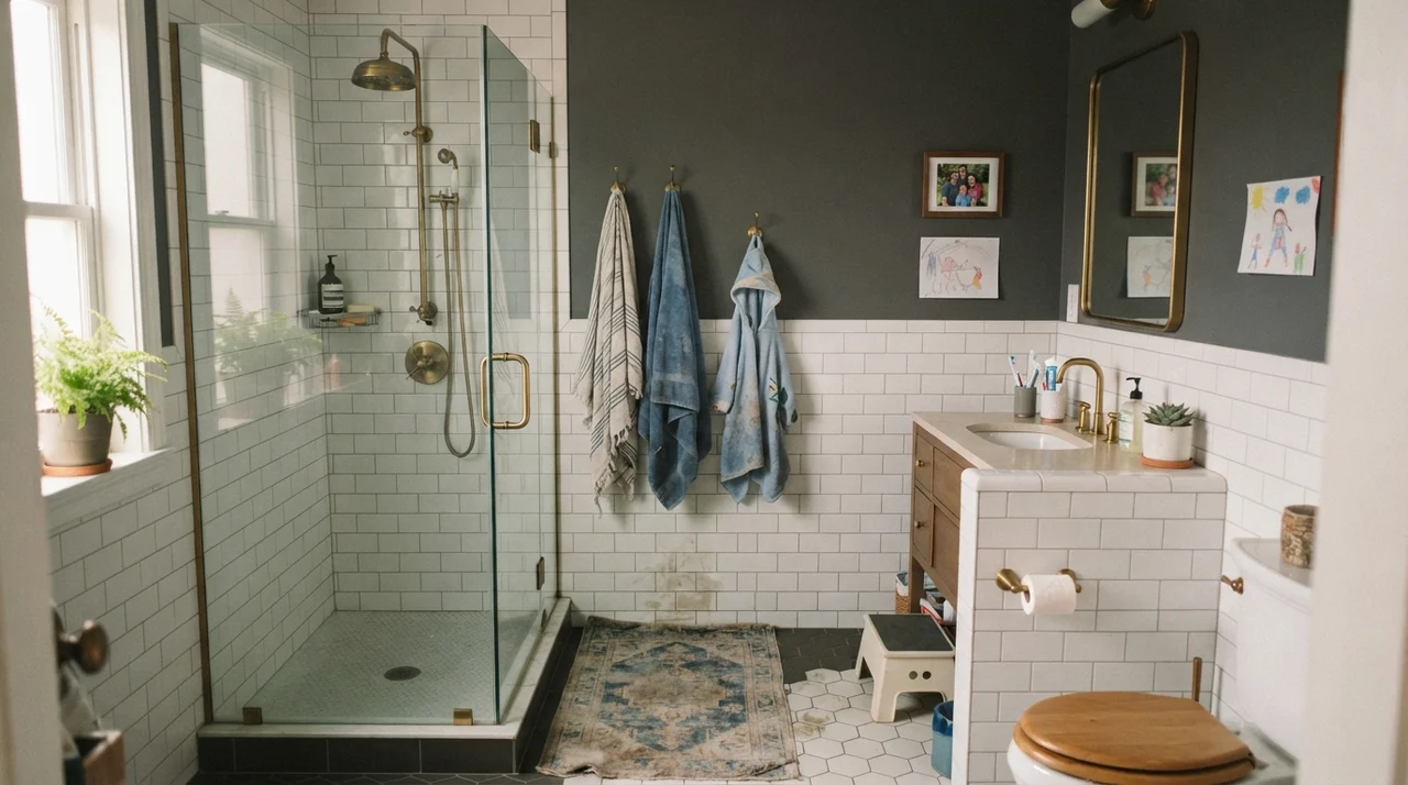 Family bathroom with upper walls painted Sherwin-Williams Peppercorn above white subway tile wainscoting with brass fixtures and soft side-window daylight.
