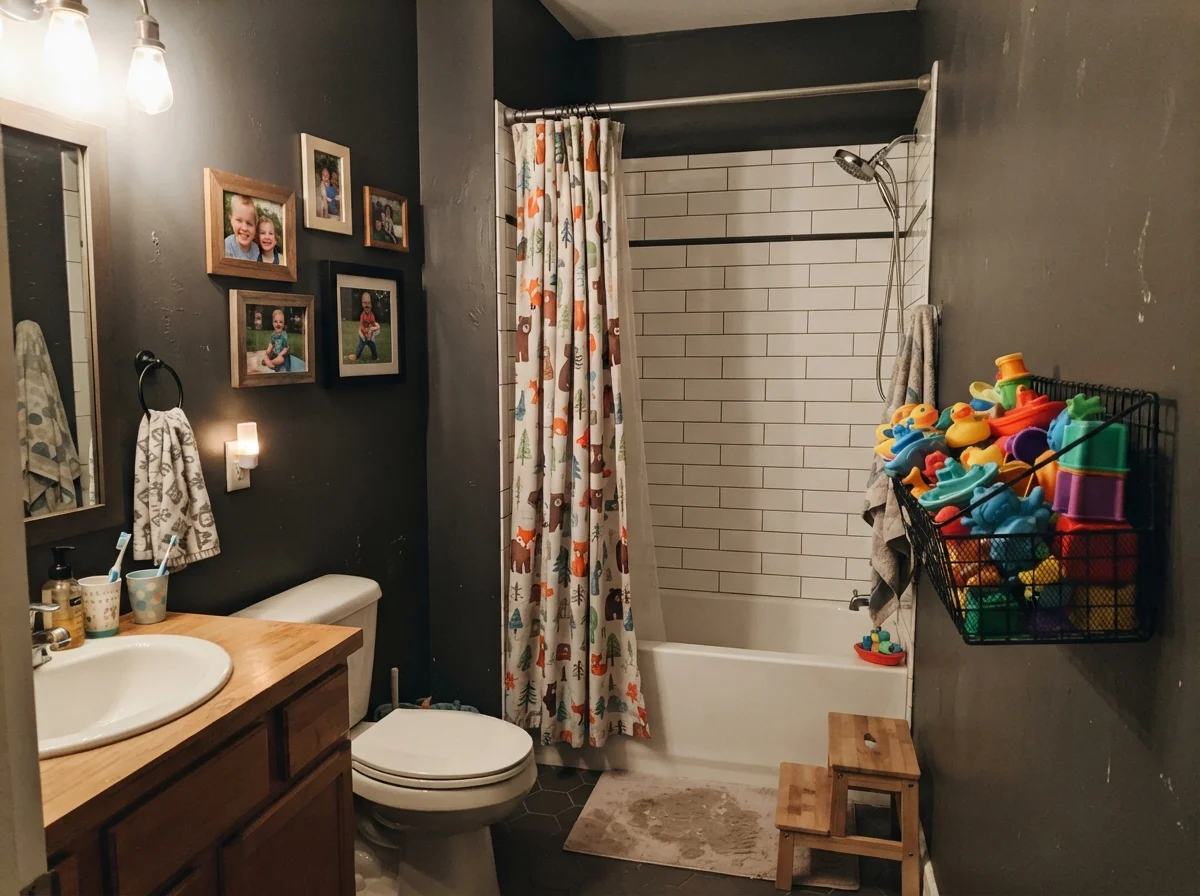 Kids' bathroom with Peppercorn walls above white subway tile, bath toys, and warm evening lighting.