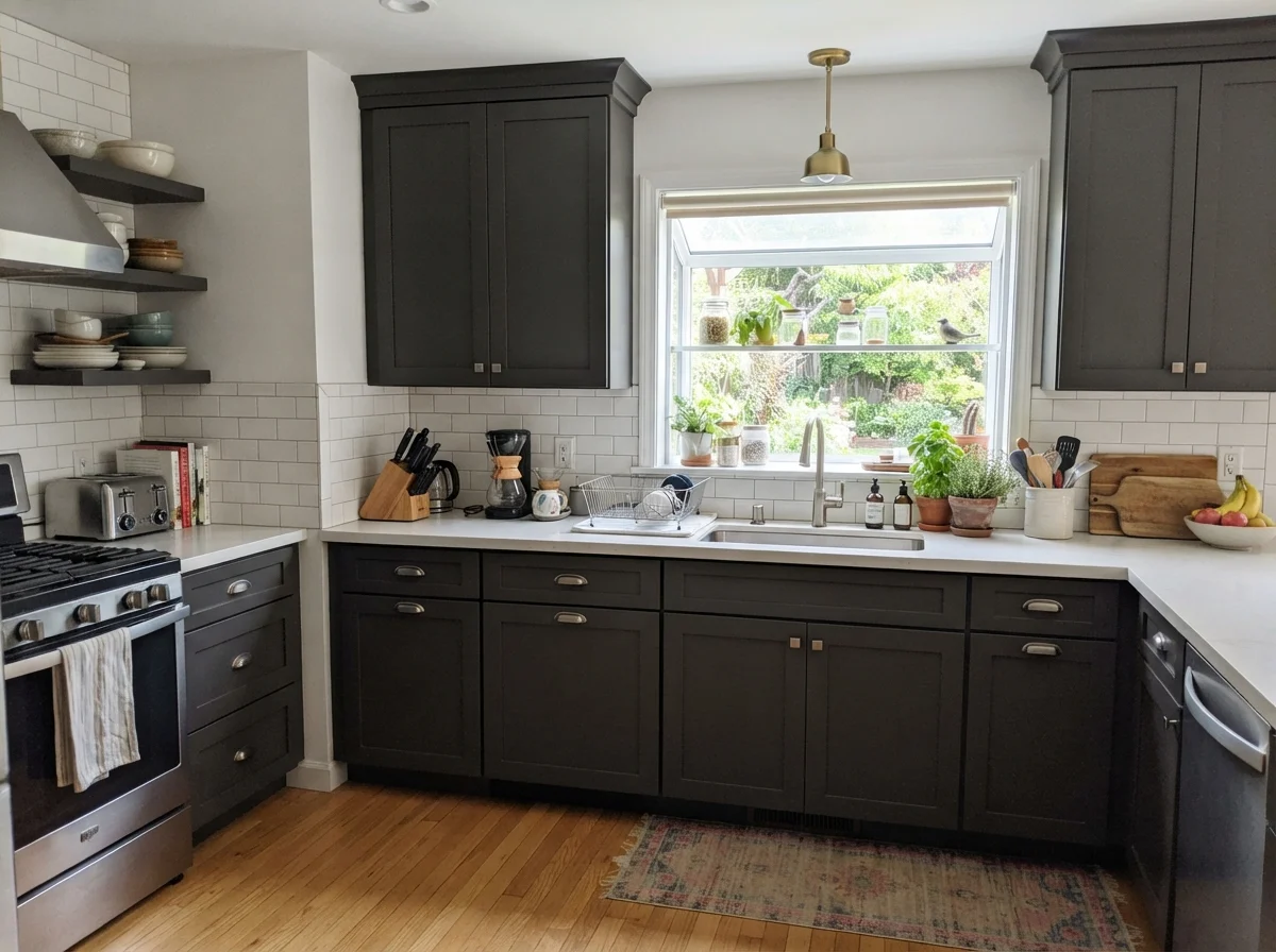 Kitchen featuring upper and lower shaker cabinets painted Sherwin-Williams Peppercorn with white subway tile and oak floors.
