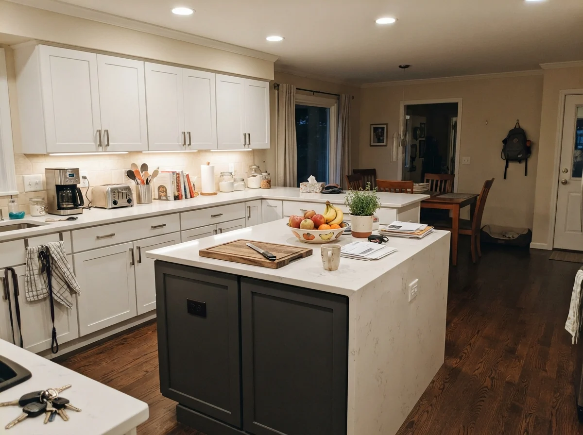 Two-tone family kitchen with a dark Peppercorn island and white perimeter cabinets.