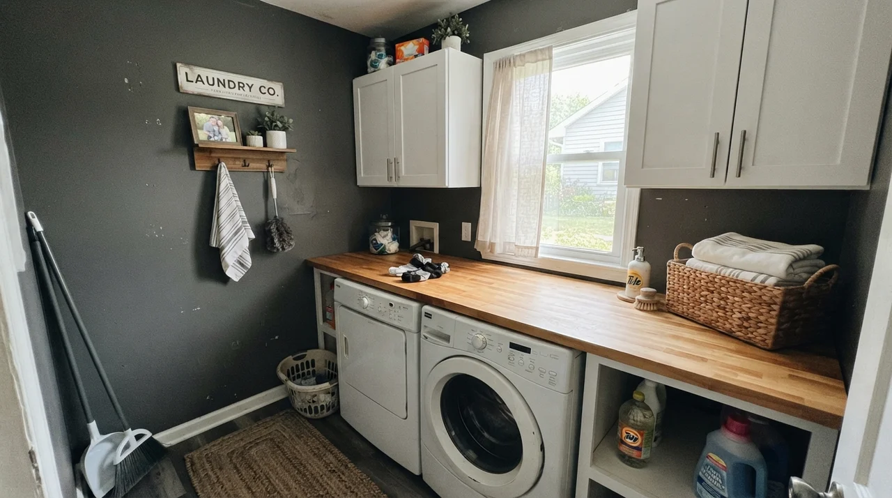Bright laundry room with Peppercorn painted walls, white cabinetry, and a warm butcher block counter.