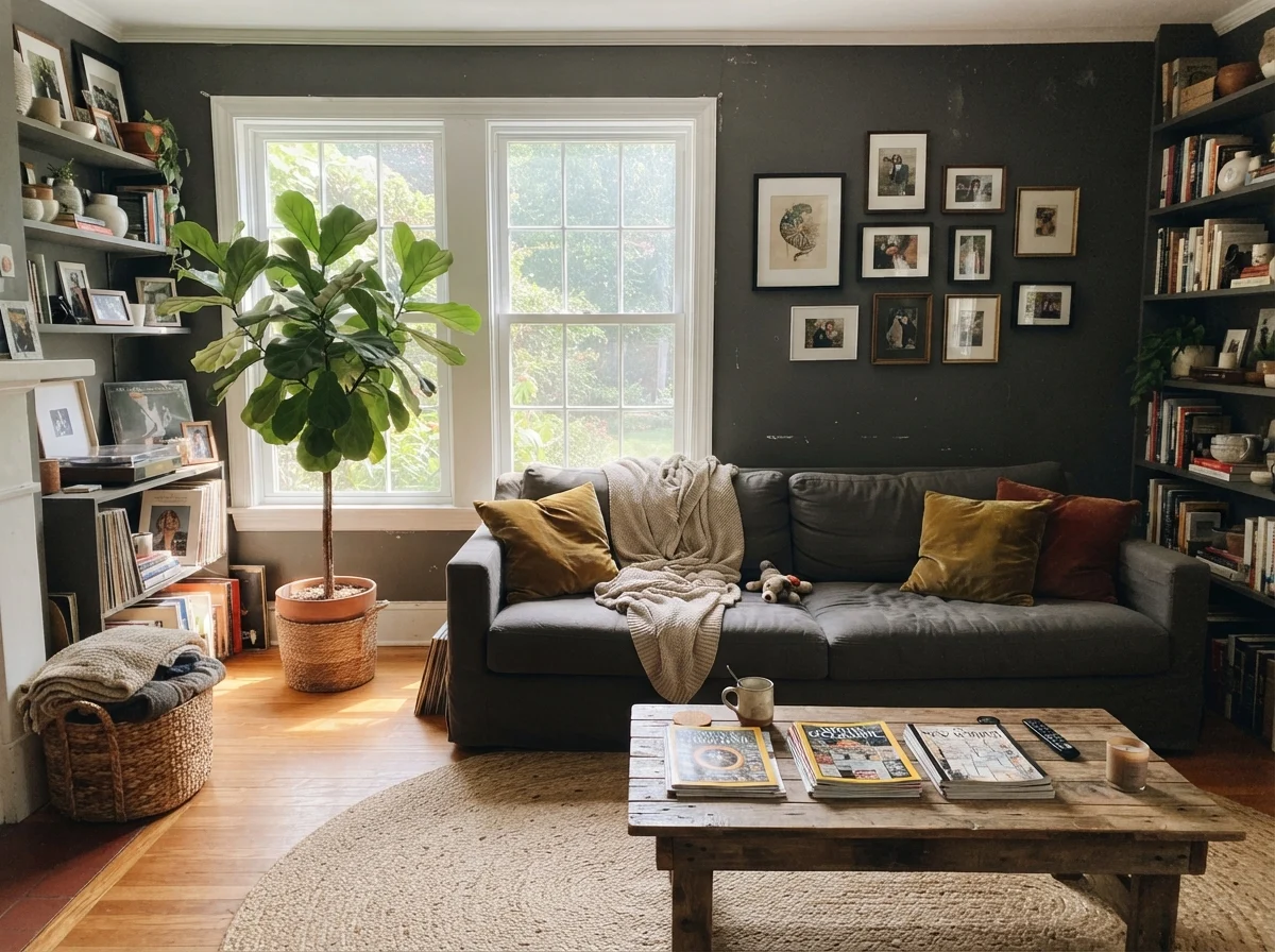 Bright living room with Sherwin-Williams Peppercorn walls, linen sofa, wood coffee table, and jute rug.