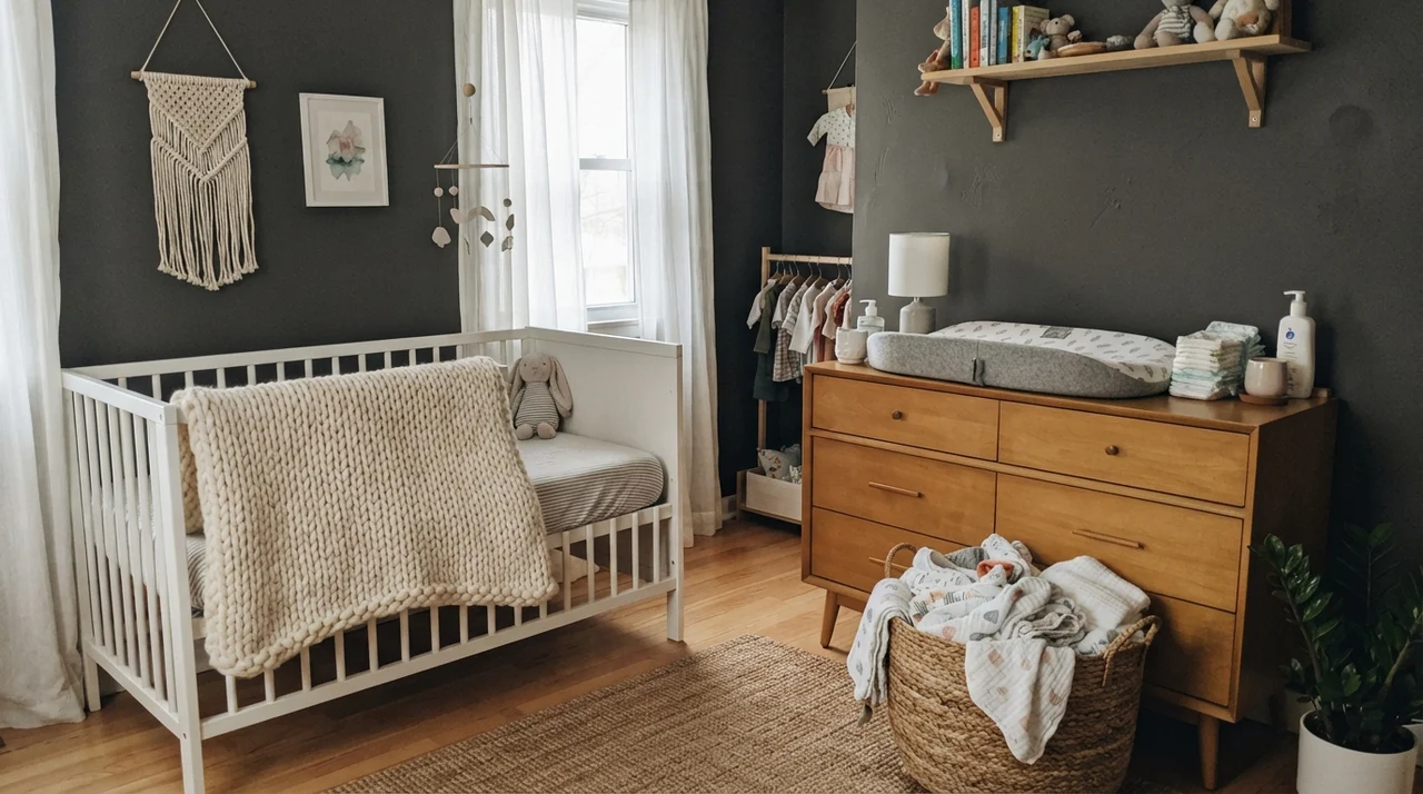 Nursery featuring dark Peppercorn walls contrasting with a white crib and light wood changing dresser.