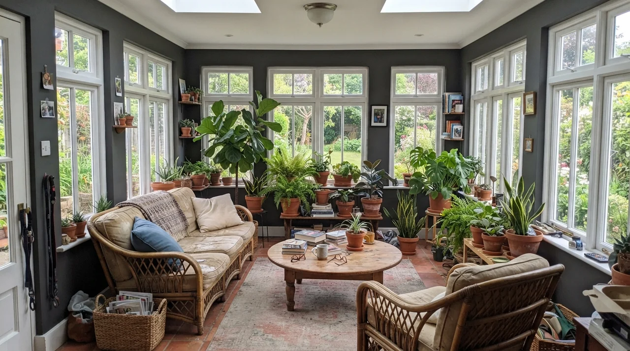 Sunroom featuring Peppercorn accent walls between white-framed windows with lush plants and rattan seating.