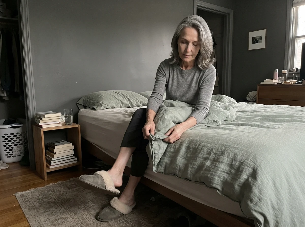 Susan Hartley smoothing linen bedding against a dark Sherwin-Williams Peppercorn bedroom wall.