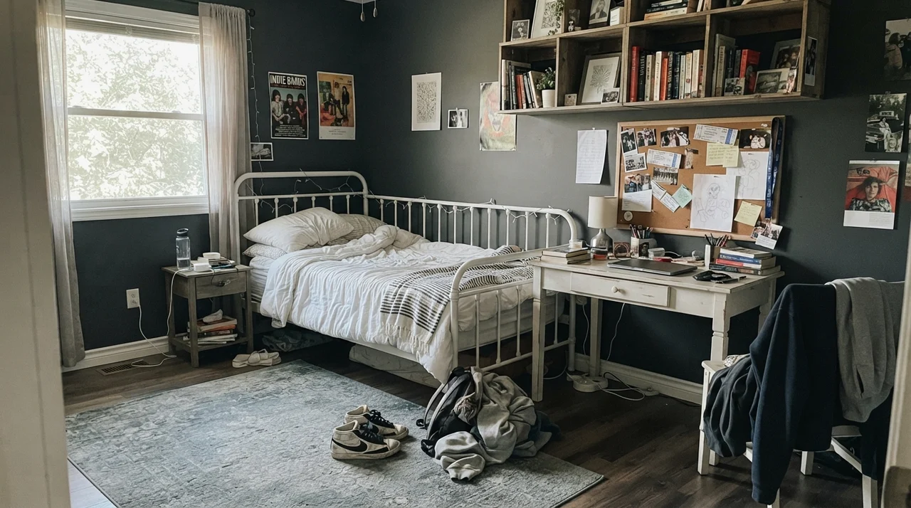 Teenager bedroom with Peppercorn walls, white metal bed frame, and study desk in bright daylight.