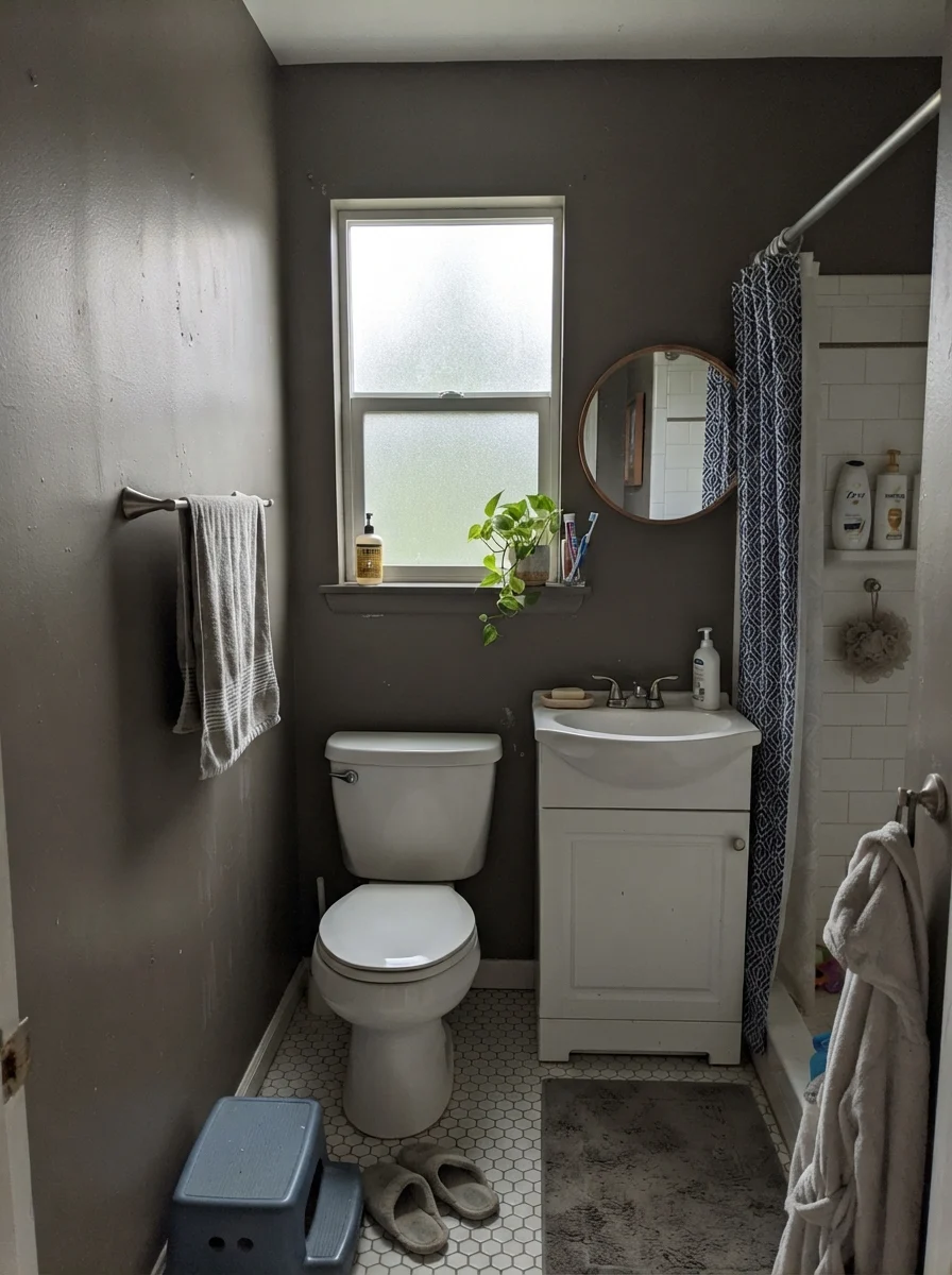 Small bathroom looking muted and gray under flat overcast daylight