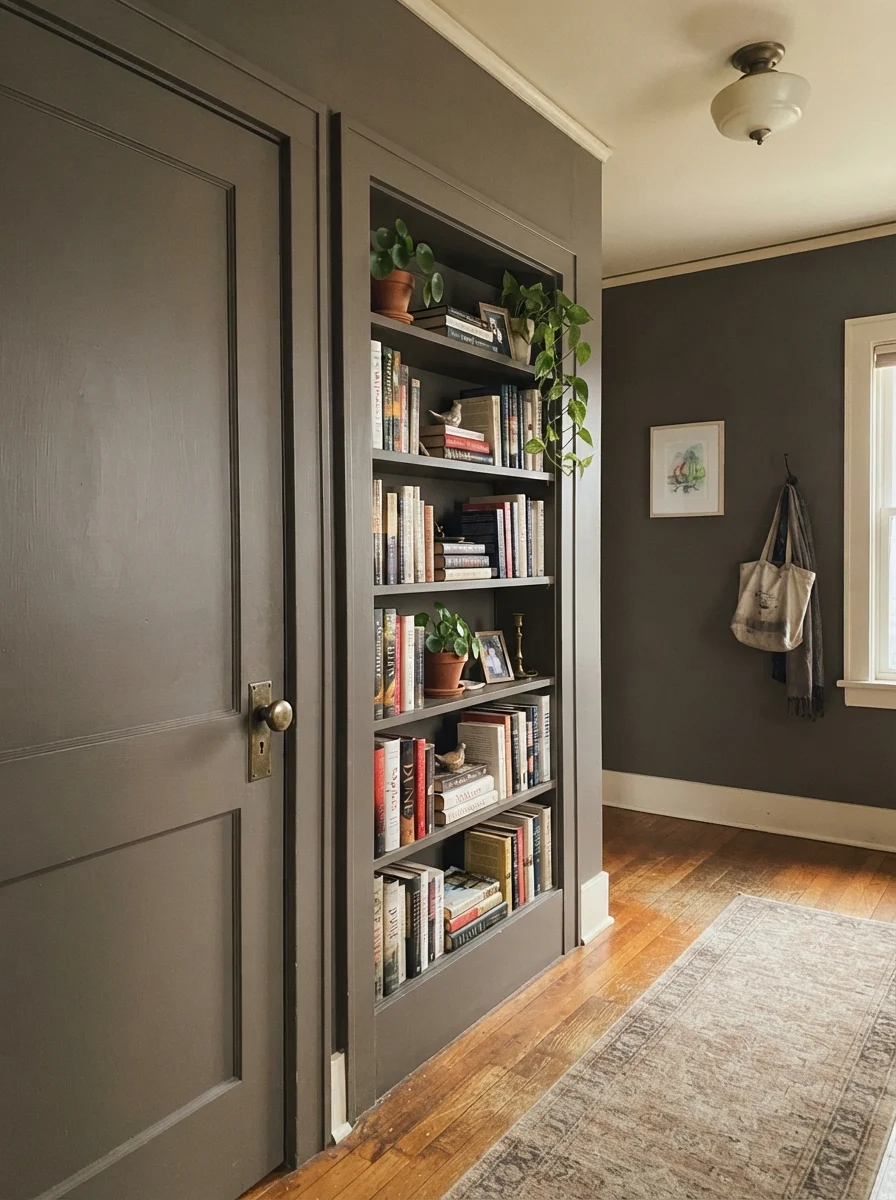 Interior door and built-in bookshelf painted Porpoise against cream walls