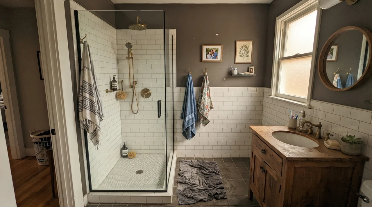 Family bathroom with white subway tile wainscoting and Porpoise upper walls