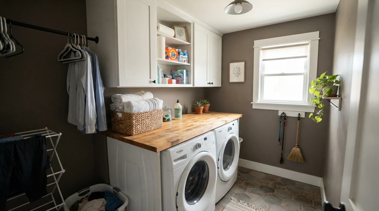 Laundry room with Porpoise walls, white appliances, and butcher block counter