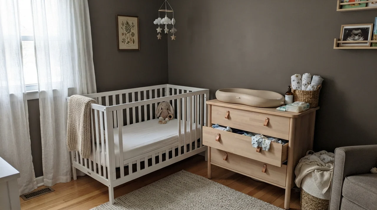 Nursery with white crib and woven basket against Porpoise walls