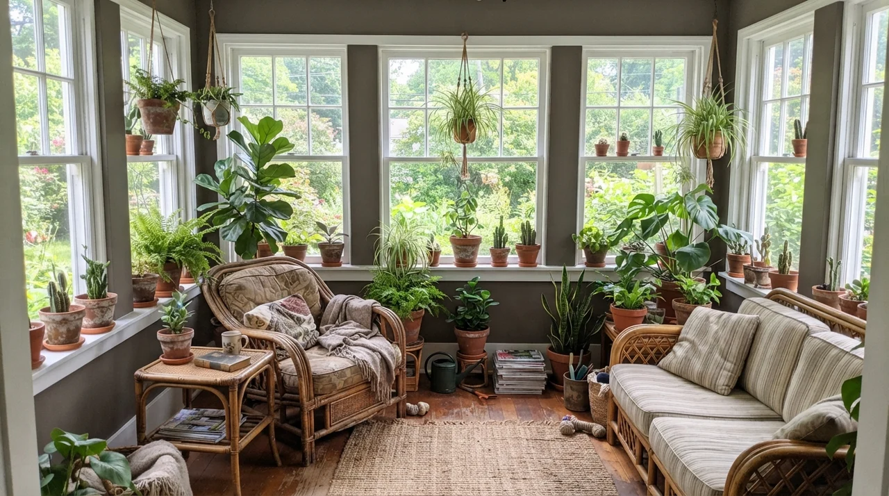 Sunroom filled with plants, white window frames, and Porpoise accent walls