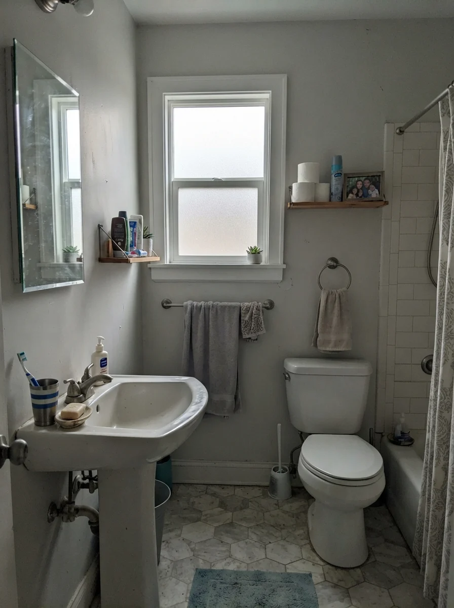Small bathroom showing Pure White walls in flat overcast light.