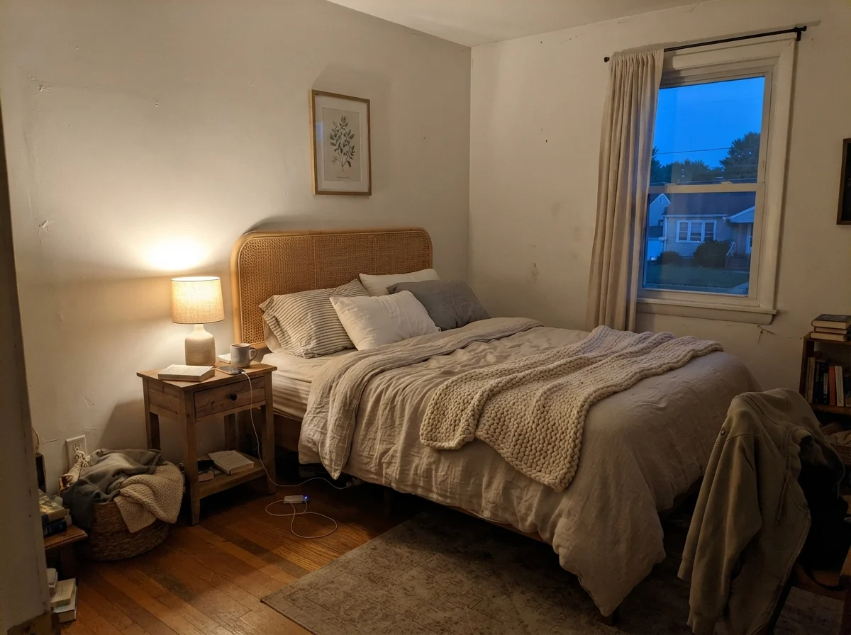 Bedroom with Pure White walls glowing softly under warm lamp light at dusk.