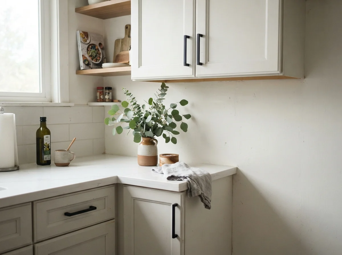 Close-up of Pure White kitchen cabinets with matte black hardware.
