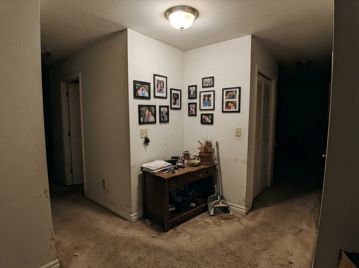 Windowless dim hallway corner showing Pure White looking dull and muddy.