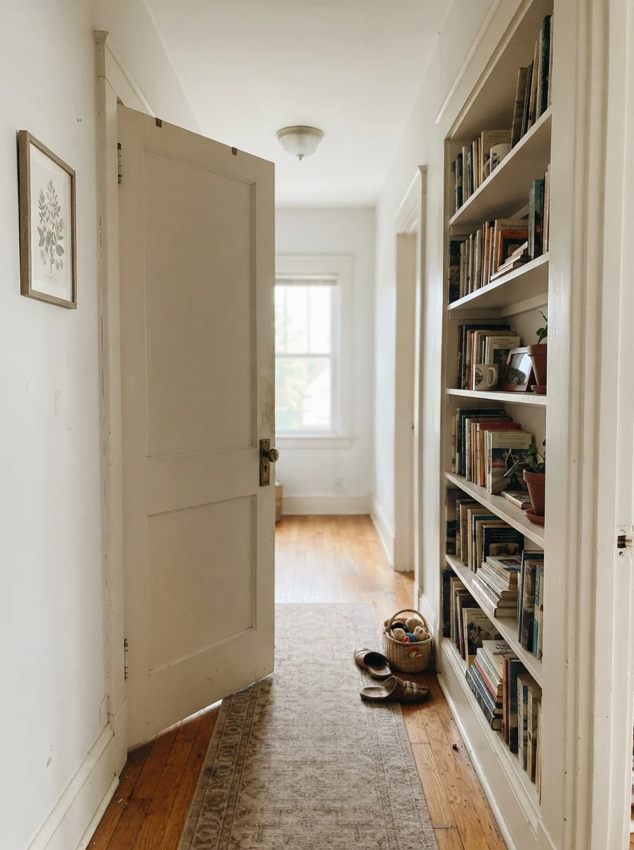 Hallway with Pure White interior door and built-in bookshelf against cream walls.