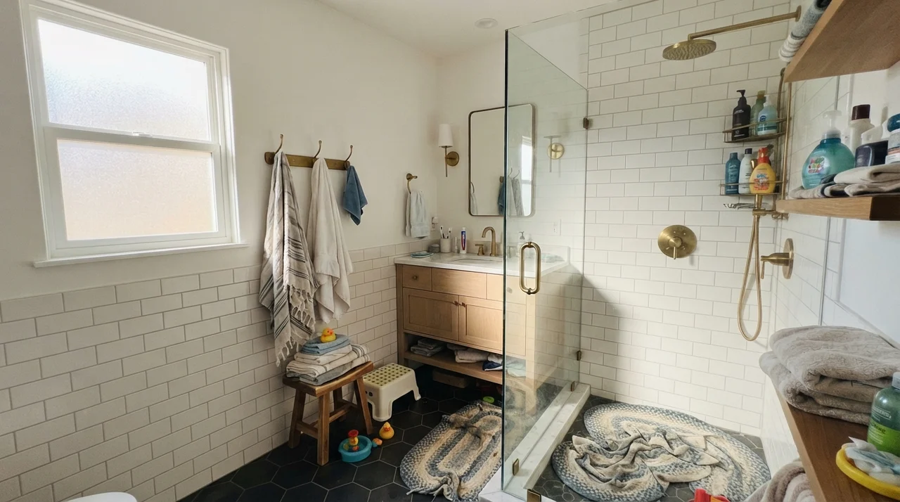 Family bathroom with Pure White upper walls, white subway tile wainscot, brass fixtures, and glass shower door.