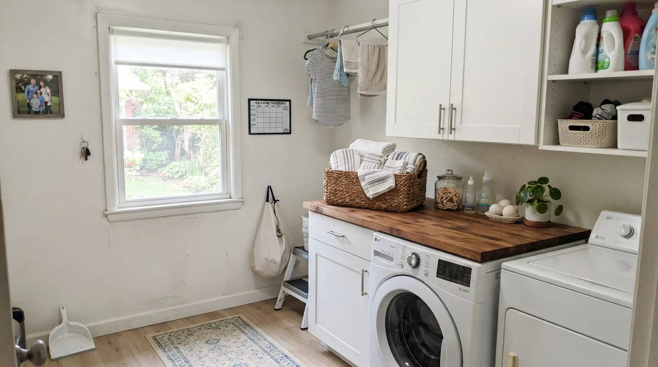 Laundry room with Pure White walls and butcher block counter.