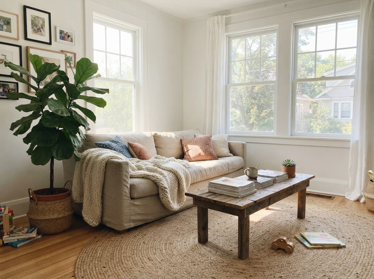 Living room with Pure White walls, linen sofa, and wood coffee table in bright sun.