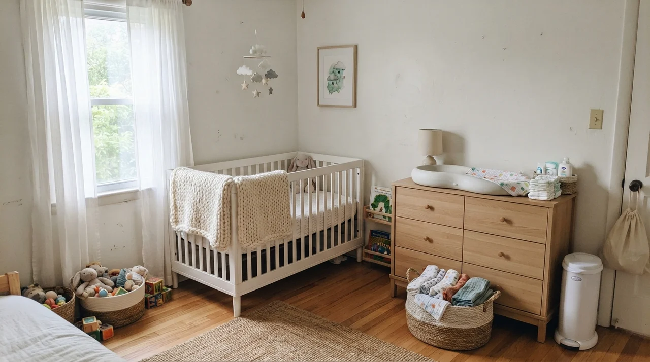 Nursery with painted walls, white crib, and light wood dresser.